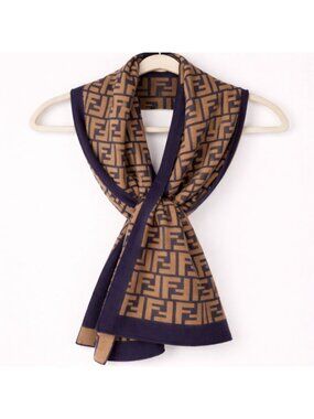 Fendi FF Monogram Wool Scarf Navy & Tan Made in Italy Designer FLAWED